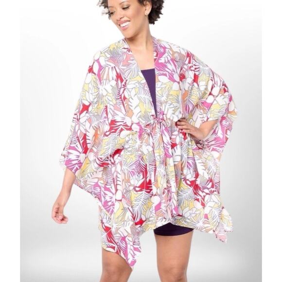 Lands End Tie Waist Kimono Multi Palm One size cover up vacation cape wrap - Picture 1 of 9